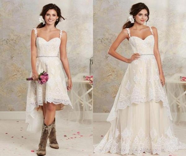 

2019 beach high low wedding dresses with detachable train spaghetti straps lace appliqued overskirt bridal gowns7435082, White