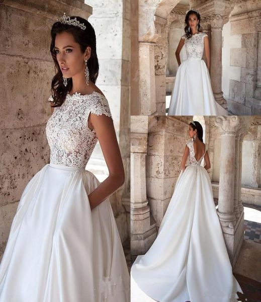 

2019 lace charming wedding dresses cap sleeves satin backless bridal dresses with pocket vestidos plus size wedding party go9771069, White