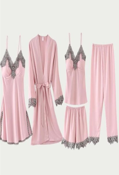 

spring women pajamas 5 pcs satin sleepwear pijama lace wear home clothing embroidery sleep lounge pyjama with chest pads sy0301052637179, Black;red
