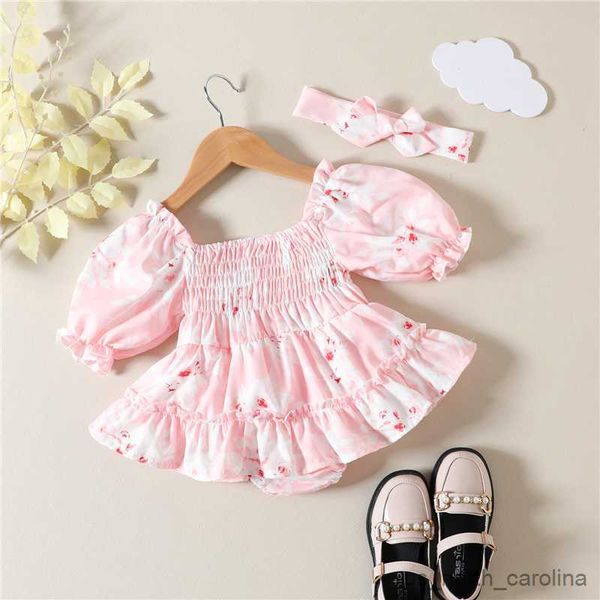 

girl's dresses summer newborn infant baby girls clothes short puff sleeve shirred romper dress jumpsuit headband outfits 0-24m r230815, Red;yellow