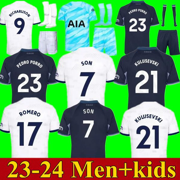 

son 23 24 soccer jerseys kulusevski richarlison perisic pedro porro 2023 2024 danjuma romero goalkeeper gk football kit shirt spurs men kids, Black;yellow