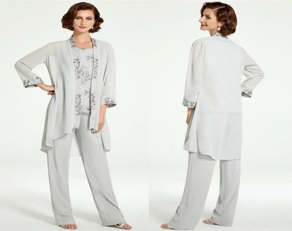

modest silver gray three pieces mother of bride pant suits a line flowy chiffon jewel neck appluques long jacket mother dress form1236861, Black;red