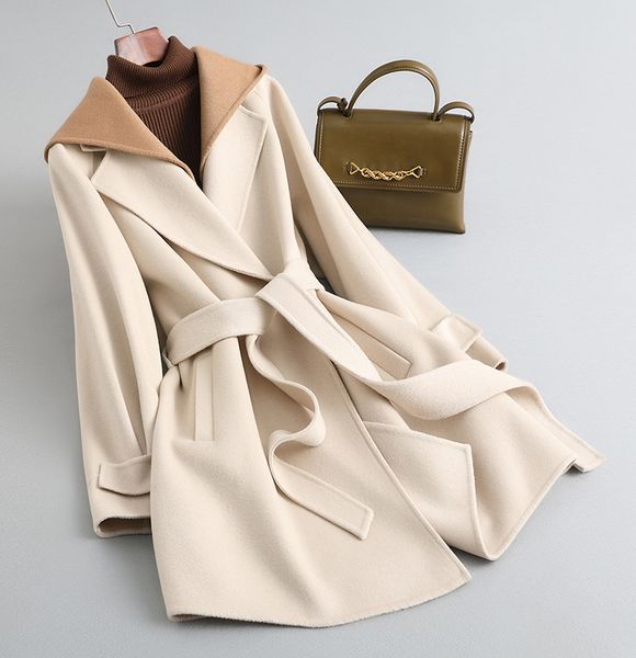

women wool long coat trench coats cashmere hooded coat designer coats outerwear ladies plus size down coat cashmere mid length coat 26113, Tan;black