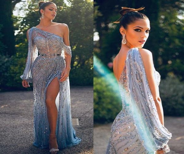 

2019 formal dresses high side split lace sequins one shoulder long mermaid prom dress beads custom made evening gowns4931701, Black;red