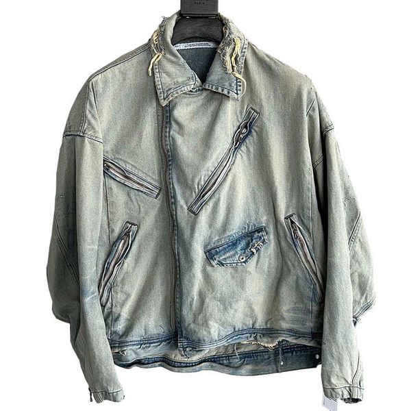 

mens jackets gothic irregular zipper washed distressed denim jacket men vintage loose jeans coat streetwear high street fashion denim 230815, Black;brown