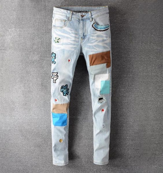 

mens summer jeans men039s bear embroidery patchwork hip hop light blue j278g3887686