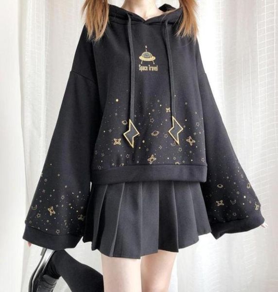 

women039s hoodies sweatshirts qweek japanese style lantern sleeve gothic harajuku kawaii starry sky print plus size mall goth179233466055, Black