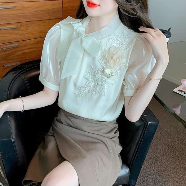 

summer french heavy industry bow chiffon shirt womens small fashion court style long sleeve top, White