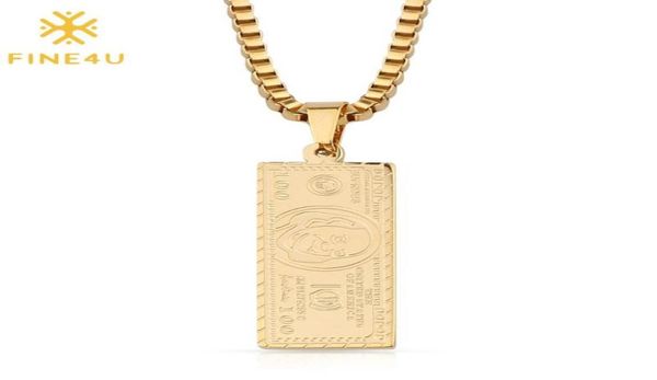 

fine4u n290 hundred 100 dollar bill pendant necklace gold color stainless steel box chain necklace for men women7712882, Silver