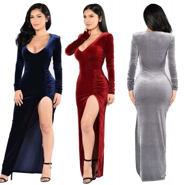 

velvet autumn long dress christmas women costumes evening party dress long high vents plus size casual dresses1619053, Black;gray
