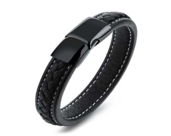 

vintage black genuine leather wrist bracelet magnetic stainless steel clasp bracelet for men punk rock surfer mens friendship jewe2180691, Golden;silver