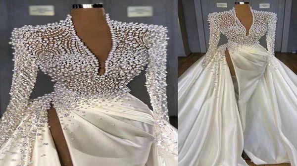 

luxury pearls beaded mermaid wedding dresses with overskirt high split deep v neck long sleeves satin ruched pleats custom made we7616201, White