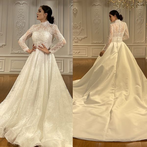 

luxurious ball gown wedding dresses high collar long sleeves appliques lace robe de mariee custom made button back sweep train bride, White