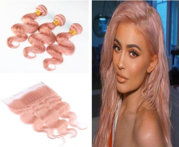 

body wave virgin pink hair bundles with frontal closure pink color body wave hair weft extension with ear to ear frontal 13x42554135, Black