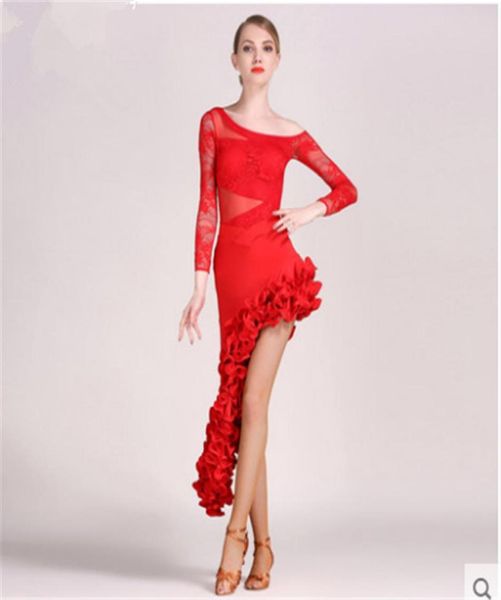 

black adultgirl latin dance dress salsa tango chacha ballroom competition dance dress lace stitching long sleeve rregular sk2261645, Black;red