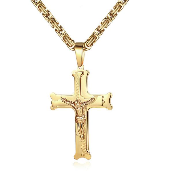 

pendant necklaces religious crucifix jesus cross pendant necklaces male gold color stainless steel byzantine chains for men jewelry drop 230, Silver