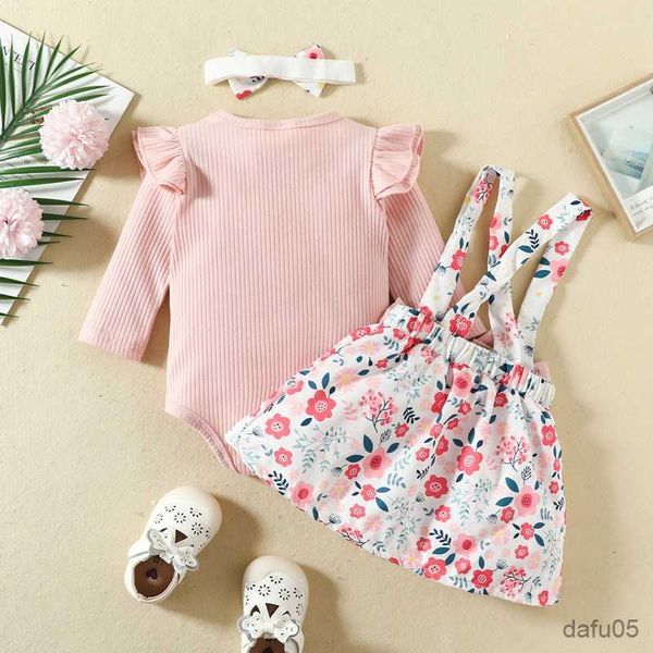 

clothing sets colors autumn baby girls clothes sets 3pcs long sleeve ribbed solid romper +flowers suspender dress headband r230815, White