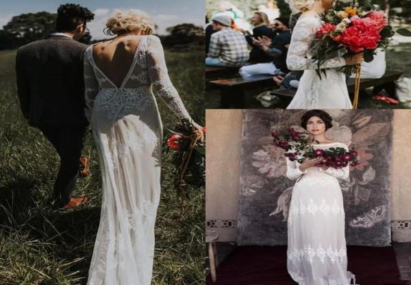 

charming bohemia wedding dresses with lace a line backless boho long sleeves floor length country bridal gowns custom2109837, White