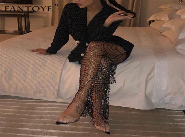 

fantoye new crystal diamond shiny women pants summer hollow out elastic fishnet trousers fashion see through beachwear pant4961511, Black;white