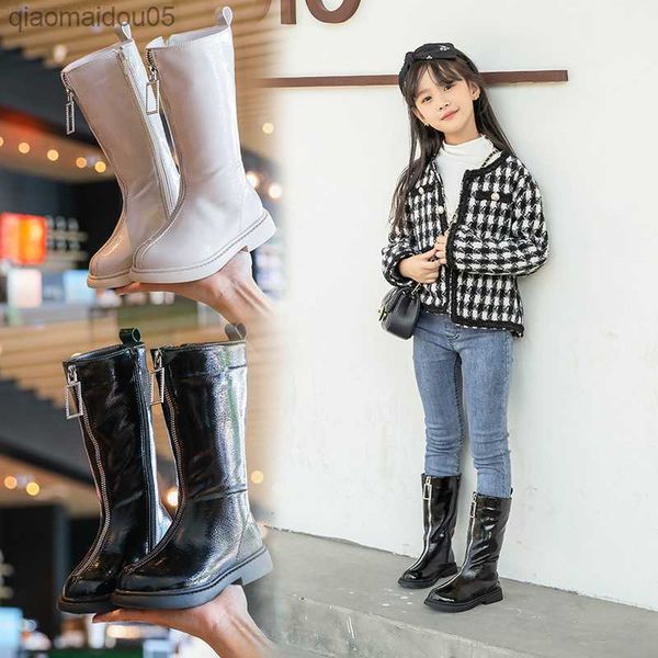 

sneakers zip design children's leather boots girls' high knight riding boots winter fashion solid color anti slip long boots princ, Black;red