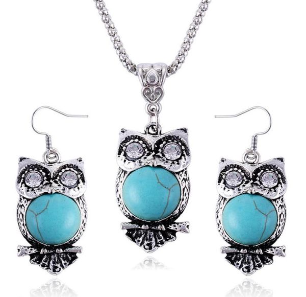 

vintage bohemian alloy turquoise necklace earrings set cute exaggerated owl pendant jewelry sets for women jewelry accessories4731480, Silver