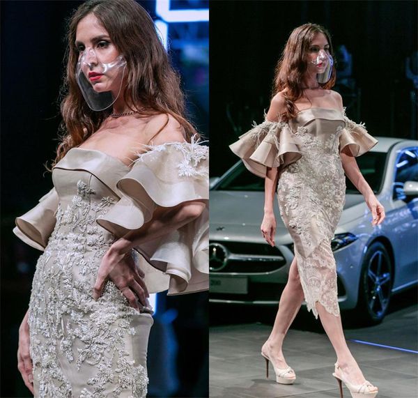 

gorgeous off shoulder prom dresses cap sleeves feathers lace appliques evening dress custom made tea length back split party gown7396333, Black;red