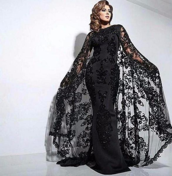 

dubai black sheath evening dresses cape satin abaya kaftan formal party gowns real appliques lace evening prom dress elegant long 1312940, Black;red