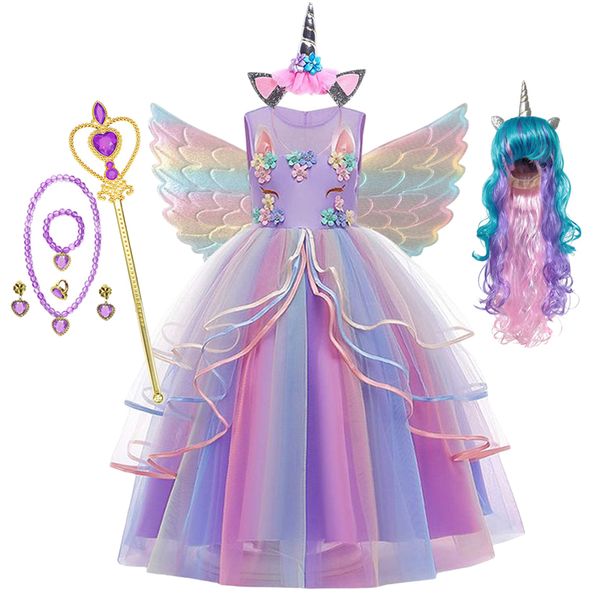 

girl s dresses girls unicorn dress rainbow princess fancy birthday party children kids halloween perform costume for 3 12 years 230814, Red;yellow