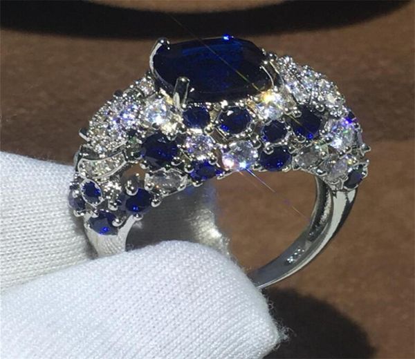 

2019 new selling luxury jewelry 925 sterling silver cushion shape blue sapphire cz diamond gemstones women wedding band ring g6720120, Slivery;golden