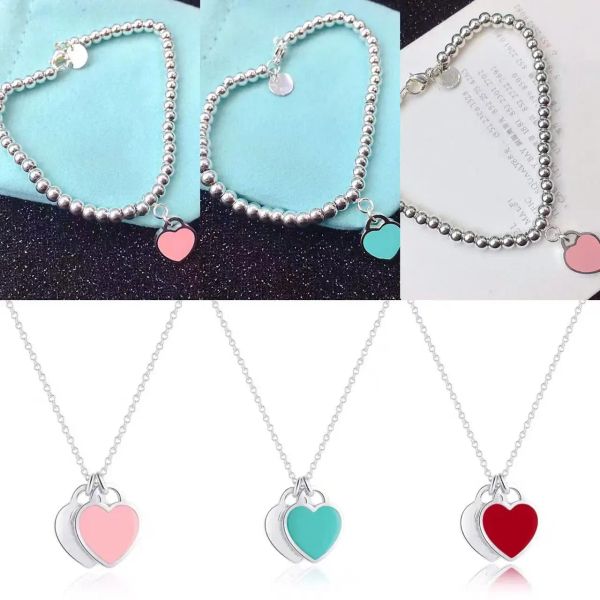 

european and american bracelet necklace set heart shaped bead chain luxury women's high end fashion jewelry original gift 316l stainles, Silver