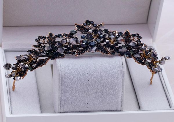 

baroque handmade black crystal beads bridal tiaras crown rhinestone diadem pageant veil tiara headbands wedding hair accessories y9920897, White;golden