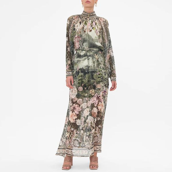

australian designer dress silk long sleeve floral printed handmade crystal long dress, Black;gray