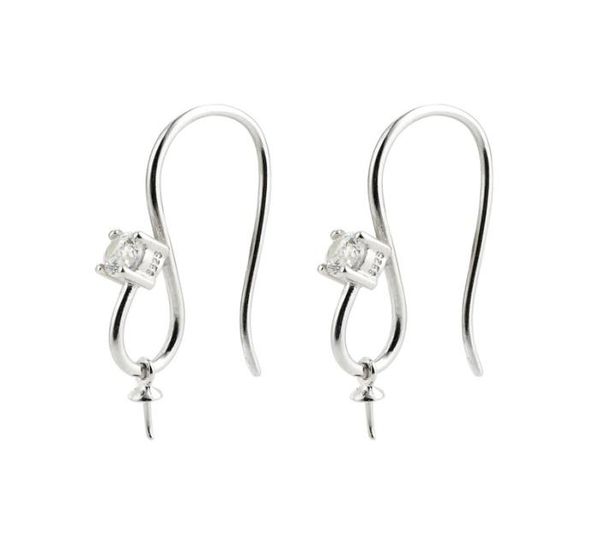 

earring settings 925 sterling silver zircon fishhook with bead cap for half drilled pearls 5 pairs5523762, Slivery;crystal