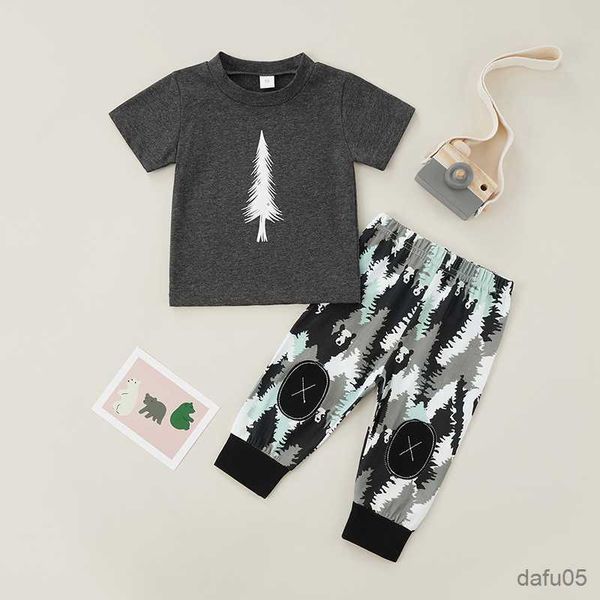 

clothing sets 2pcs infant baby boys clothes sets tree printed short sleeve shirts+forest causal pants r230815, White