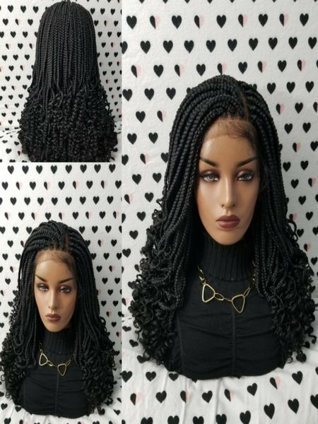 

200 density short box braids wig with curly tips handmade synthetic braided lace front wigs for american black women6840746