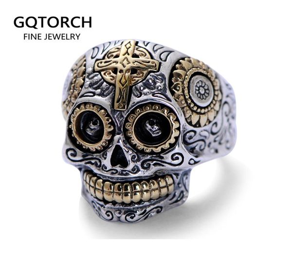 

real solid 925 sterling silver sugar skull rings for men mexican rings retro gold color cross sun flower engraved punk jewelry j011963824, Slivery;golden