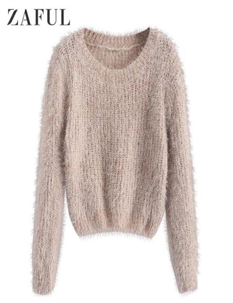 

zaful pullover fuzzy heathered sweater fluffy faux fur short round neck elastic daily women sweater autumn winter pullovers 6024066, White;black