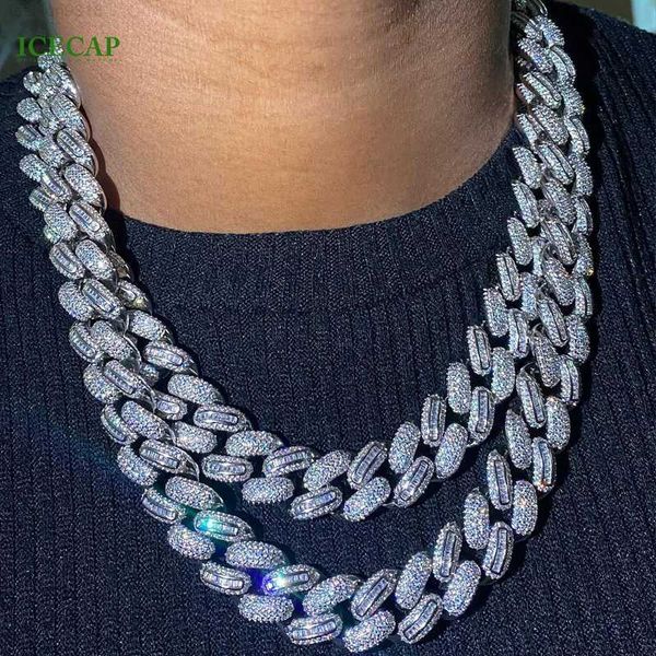 

15mm vvs moissanite miami iced out baguette cut diamond cuban 18k gold filled cuban link necklace miami cuban chain, Silver