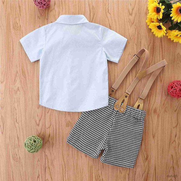 

clothing sets infant plaid print outfits baby boy clothes button short sleeve lapel bowknot shirt suspender pants gentleman suits r230815, White