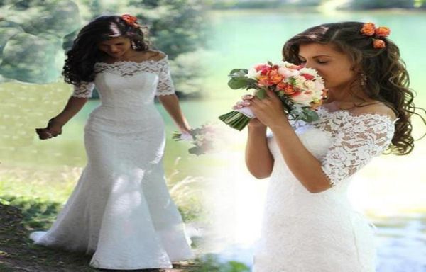 

2019 new lace mermaid wedding dress romantic half sleeve bridal gown plus size custom made7618778, White