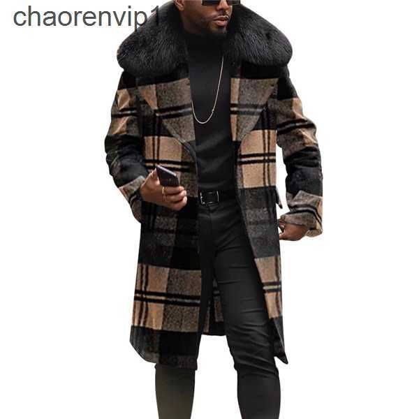 

mens wool blends big fur collar plaid overcoats mens luxury trench coats for men check woolen long jackets fashionable large size streetwear, Black