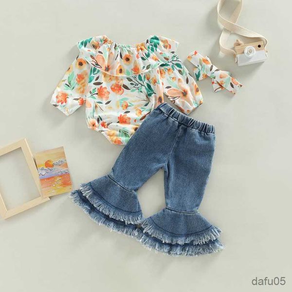 

clothing sets 0-24 months infant baby girls autumn clothes sets fashion collar long sleeve bodysuit+denim flared pants+headband set r230815, White