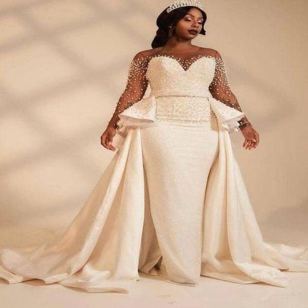 

new amazing pearls designer african wedding dresses bridal gowns long illusion sleeves beaded satin a line court train wedding gow4299536, White