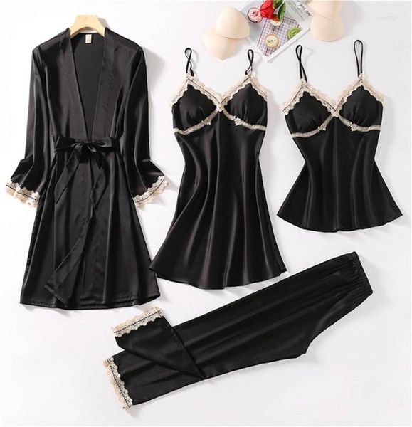 

women039s sleepwear women pajamas set satin silk 4 pieces suit summer spring nightwear pyjama spaghetti strap lace sleep lounge3169004, Black;red