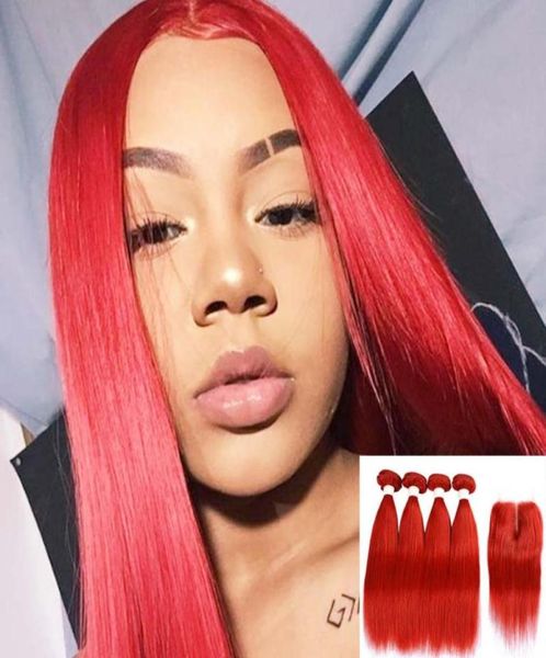 

brazilian human hair bundles with closure colored red straight hair 3 bundles with closure remy with baby hair37633604592614, Black