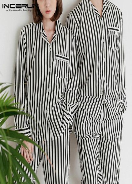

incerun fashion striped couple pajamas sets men long sleeve pants mens sleepwear sets nightwear suits homewear plus size4050651, Black;brown