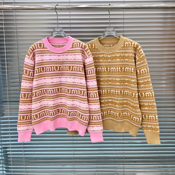 

new jacquard letter knitted sweater in autumn / winter knitting machine miu jnlarged detail crew neck cotton oversized athleisure m42321, Black;brown