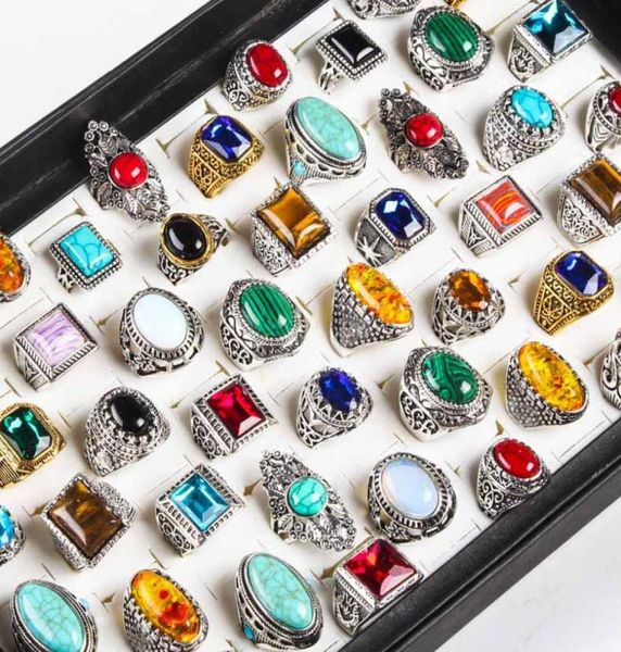 

50pcslot nature stone tibetan silver golden rings men vintage alloy couple turquoise hombre jewelry rings women whole lots6646848, Golden;silver