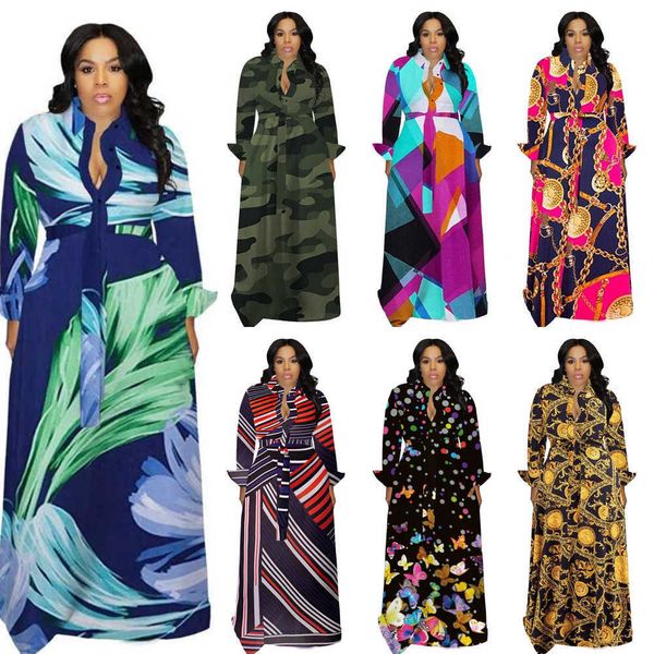 

women casual dresses designer autumn winter plus size clothing loose skirt fashion printed colourful shirt dress 3xl, Black;gray