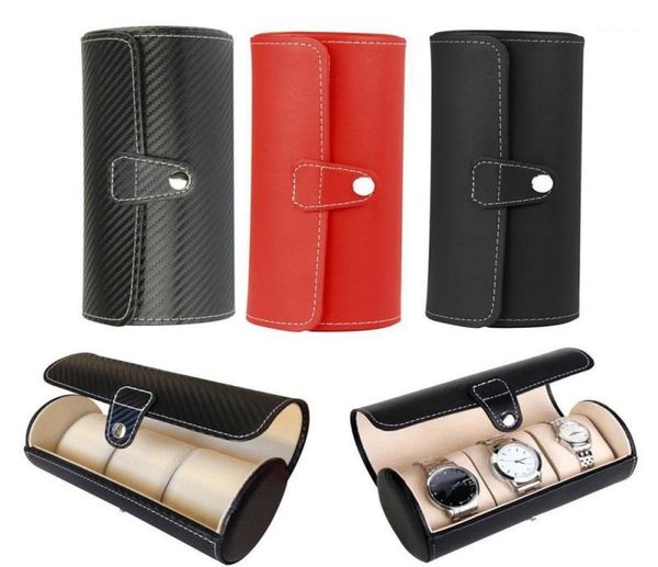 

watch display gift box case roll 3 slot wristwatch necklace bracelet jewelry pu leather box storage travel pouch13802025, Black;blue